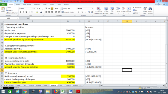 cash flow [Compatibility Mode] - Microsoft Excel (Product Activation Failed) Formulas File Home Insert Page Layout Data Revie