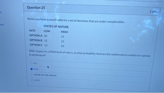 Question 25 1 pts Below you have a payoff table for a set of decisions that are under consideration wer STATES OF NATURE ALTS