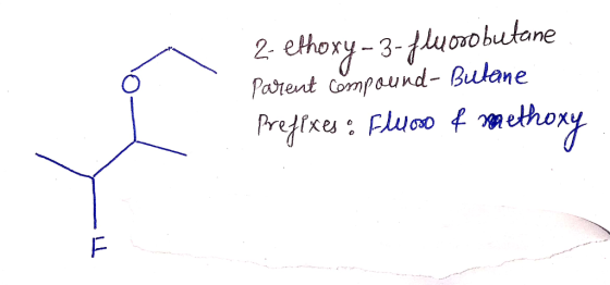 2- ethoxy-3-fluorobutane Parent compound- Butane Prefixes: Fluoro f wethoxy