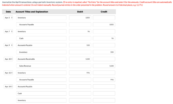 Journalize the April transactions using a periodic inventory system. (If no entry is required, select No Entry for the acco