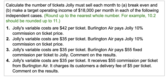Calculate the number of tickets Jolly must sell each month to (a) break even and (b) make a target operating income of $18,00