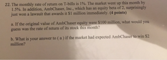 22. The monthly rate of return on T-bills is 1%. The market went up this month by 1.5%. In addition, AmbChaser, Inc., which has an equity beta of 2, surprisingly just won a lawsuit that awards it $1 million immediately. (4 points) a. If the original value of AmbChaser equity were $100 million, what would you guess was the rate of return of its stock this month? b. What is your answer to (a) if the market had expected AmbChaser to win S2 million?