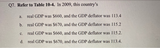 Q7. Refer to Table 10-4. In 2009, this countrys a. real GDP was $660, and the GDP deflator was 113.4 b. real GDP was $670, a
