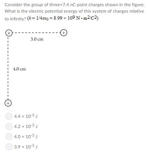 Consider the group of three+7.4 nC point charges shown in the figure. What is the electric potential energy of this system of