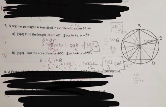 7. A regular pentagon is inscribed in a circle with radius 10 cm. A a) (4pt) Find the length of arc AC. Include units S=er So