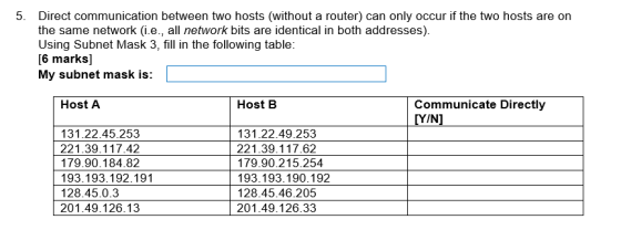 5. Direct communication between two hosts (without a router) can only occur if the two hosts are on the same network (i.e., a