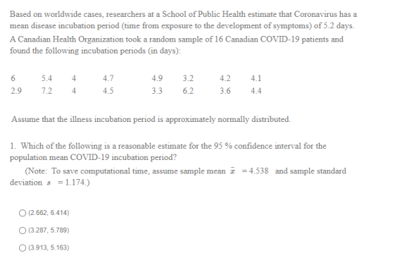 Based on worldwide cases, researchers at a School of Public Health estimate that Coronavirus has a mean disease incubation pe
