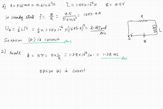 5.6/x/ 1-55X10H E 4.5V </b R=5.61 mue = 9.5 5-61x/3 l693. 4A in steady ali- ww x693-4)2-aJ Ans So optim (b) 12 correct 2) Rea