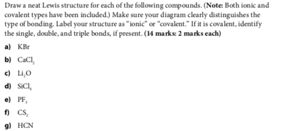 Draw a neat Lewis structure for each of the following compounds. (Note: Both ionic and covalent types have been included.) Ma