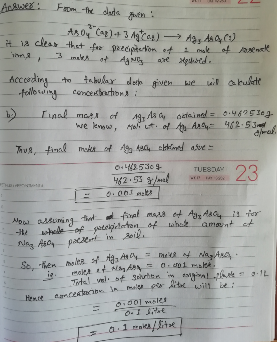 WKI DAY 12-253 Answer: data given : From the As Oy (aq) + 3 Ag Car) it Ag, As Oy (3) is clear that for precipitation of a mol