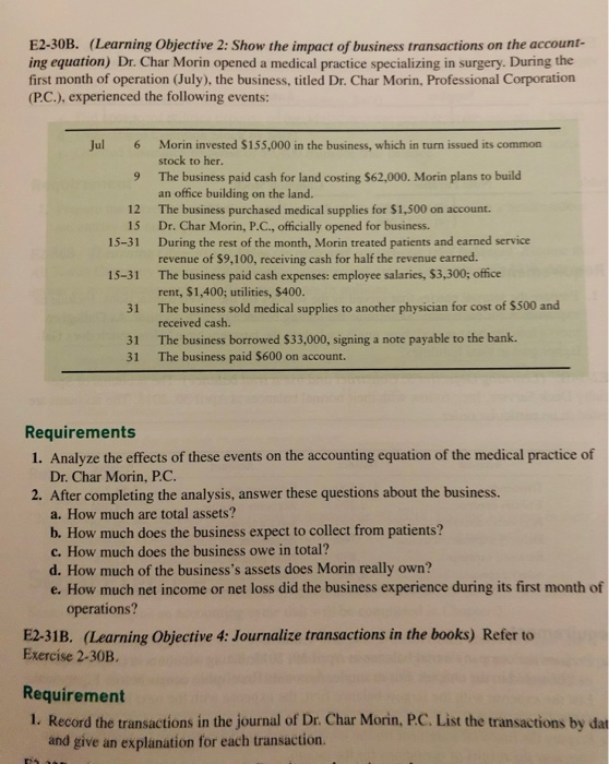 E2-30B. (Learning Objective 2: Show the impact of business transactions on the account. ing equation) Dr. Char Morin opened a