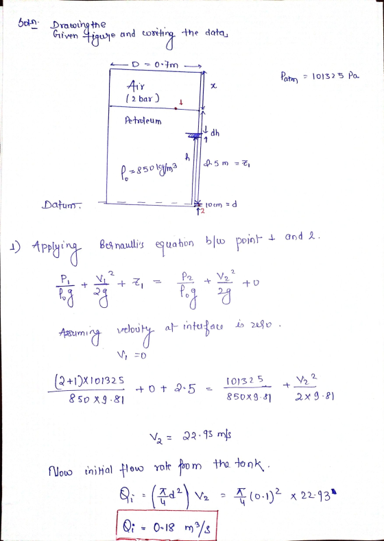 Born Drawing the Given figure and the data, worting 0.7m Parm - 101325 Pa X Air 12 bar ) 1 Petroleum dh 1 2.5 m = 7, .850 Daf