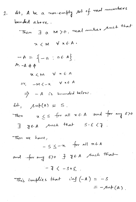2. non-erupty set of real numbers let, A be a non-erupty set of read bounded above. Them I a myo real nuber xam txt A. sud -A