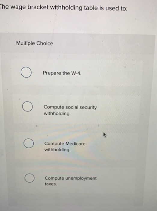 The wage bracket with holding table is used to: Multiple Choice Prepare the W-4 Compute social security withholding. Compute