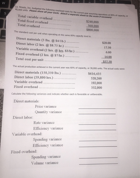 W 13. Woods, Inc. budgeted the following overhead costs for the current year assuming operations at 80% of capacity, of 40,00