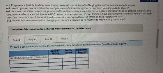 a-1. Prepare a schedule to determine the incremental cost or benefit of buying the motors from the outside supplier. a-2. Wou