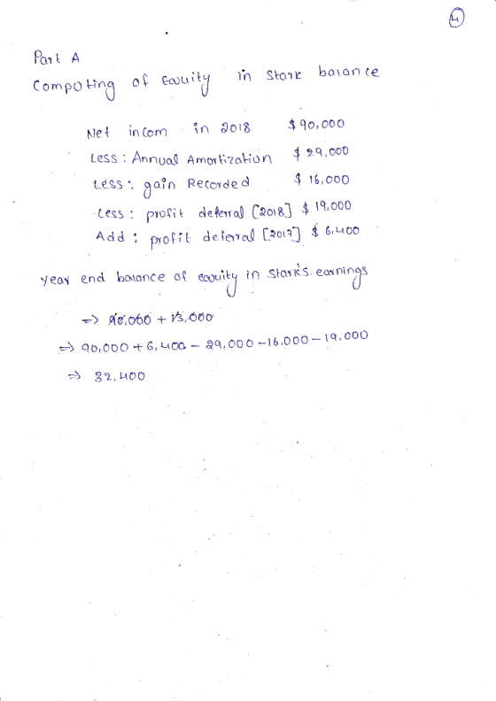 Part A computing of eauity in stare balance Net incom in 2018 $90.000 Less : Annual Amortization $ 29,000 tesso gain Recorded