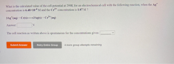 What is the calculated value of the cell potential at 298K for an electrochemical cell with the following reaction, when the