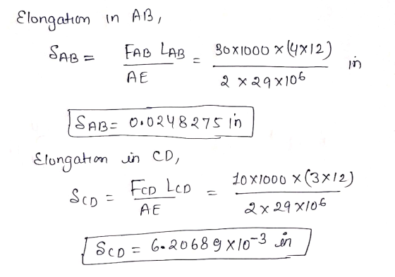 in AB, Elongation SAB = 30x1000 m (4x12). FAB LAB AE - in 2x29x106 SAB= 0.0248275 in Elongation in CD, Foo Leo 10X1000 X(3x12