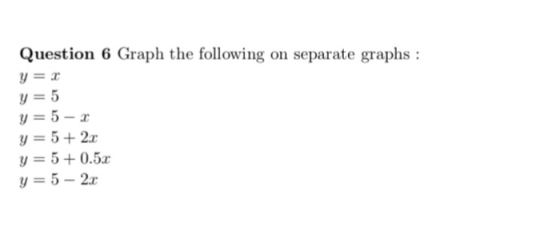 Question 6 Graph the following on separate graphs: y- 5 y=5+2x y=5+0.5x y=5-21