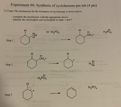 Experiment #6: Synthesis of cyclohexene pre-lab (4 pts) 1) (2 pts) The mechanism for the formation of cyclohexene is shown be