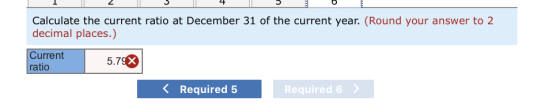5 Calculate the current ratio at December 31 of the current year. (Round your answer to 2 decimal places.) Current ratio 5.79