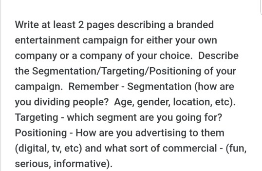 Write at least 2 pages describing a branded entertainment campaign for either your own company or a company of your choice. D