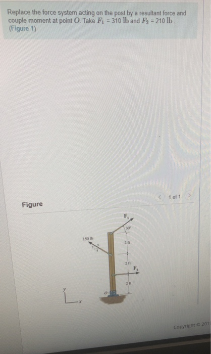 Replace the force system acting on the post by a resultant force and couple moment at point . Take Fi = 310 lb and F2 = 210 l