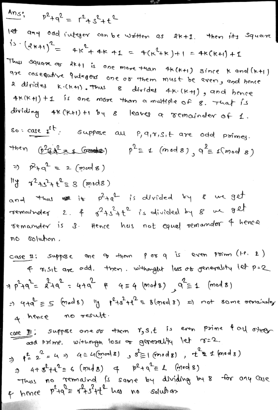 Ansi let p²+q² = r²ts²+t2 amy Odd integer can be written as 2k +1. then its squain (Pk+1)2 = 41? + 4K +1 4Ck+k)+1 4KCK+1) + I