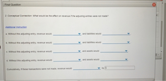 Final Question 2. Conceptual Connection: What would be the effect on revenue if the adjusting entries were not made? Addition