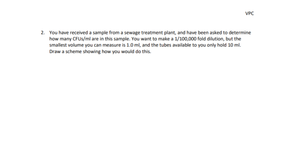 VPC 2. You have received a sample from a sewage treatment plant, and have been asked to determine how many CFU/ml are in this