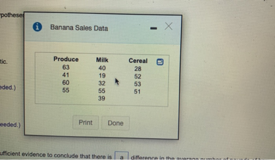 pothese i Banana Sales Data tic. Produce 63 41 60 55 Milk 40 19 32 55 39 Cereal 28 52 53 51 eded.) eeded.) Print Done ufficie