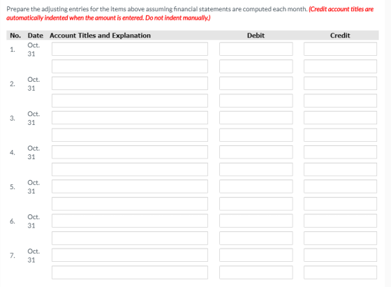 Prepare the adjusting entries for the items above assuming financial statements are computed each month. (Credit account titl