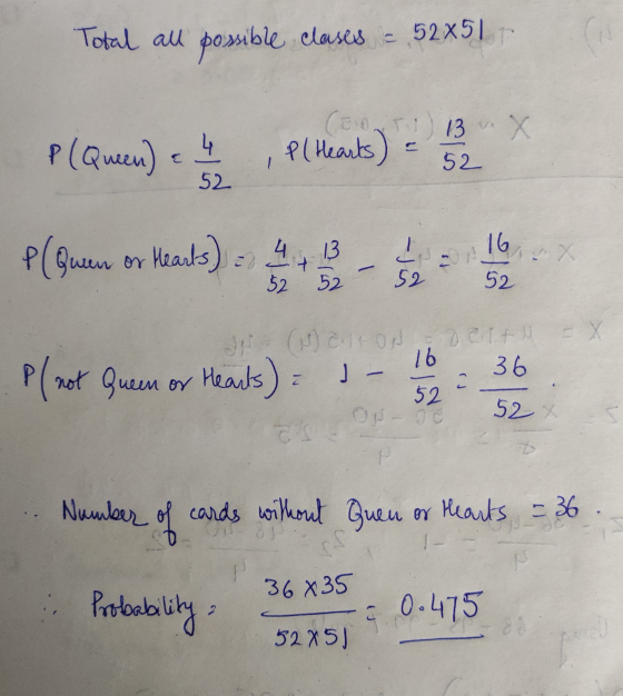 Total all possible clases clases - 52x51 P (Queen) = 4 (Tu) 13 X Pl Hearts) 52 52 P (Quen or Hearts) 16 413 52 52 I 52 52 IN