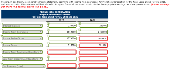 Prepare, in good form, a comparative income statement, beginning with income from operations, for Pronghorn Corporation for t