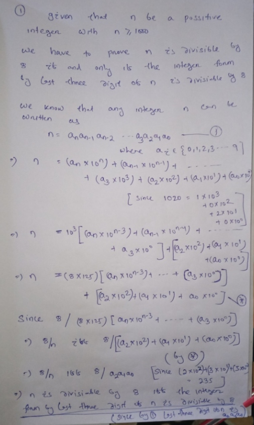 a possitive given that n be integen with n 7, 1000 we have to prove in 8 it and only is the y last chnee digit of n is divisi
