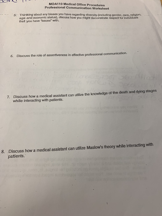 MOA110 Medical Office Procedures Professional Communication Worksheet 5: Thinking about any biasos you have regarding diversi