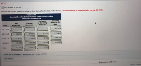 Y (c) Your answer is correct. Prepare the interest receipt schedule for Pina Bank after the debt restructuring. (Round answers to o decimal places, e.g. 38,548.) PINA BANK Interest Receipt Schedule After Debt Restructuring Effective-Interest Rate Increase Interest in Carrying Amount of Amount Carrying Cash Received Date Revenue Note 12/31/17 | 12/31/18 T 304000 r 347276)1一一 .1- 293724s 43276 12/31/19 2985715 12/31/20 - 304000 358286 1-54286) 3040000 Total 1058031 146031 ANSWER Attempts: 2 of 3 used Version 4.24.12
