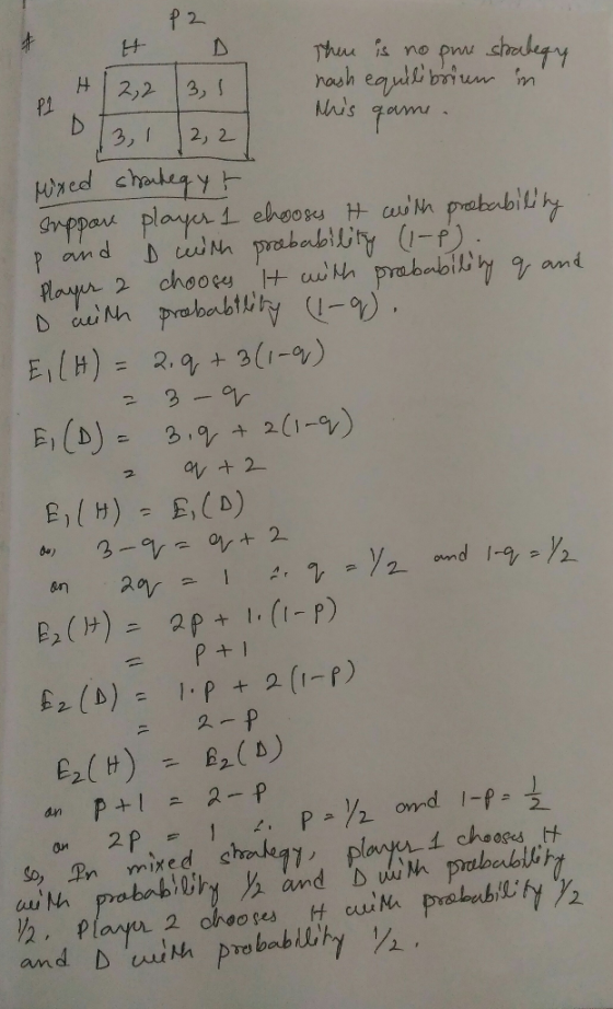 P2 Then is no pne strategy 2,2 3,1 hash equilibrium in D 13,1 12,2 this game. Mixed shakeqyt suppone player 1 chooses it with