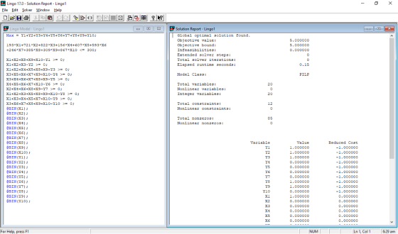 Lingo 17.0 Solution Report Lingol File Edit Solver Window Help Solution Report Lingo1 Lingo Model Lin Max = Y1+Y2+73+74+75+Y6