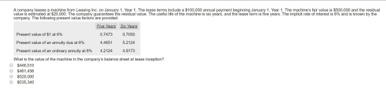 A company leases a machine from Leasing Inc. on January 1, Year 1. The lease terms include a $100,000 annual payment beginnin