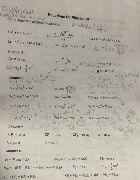 Dis PlocMut Equations for Physics 201 Some important algebraic equations: re) ditch啤a a x +bx +C 0 -btyb2-4ac (a+b)z=a2 + b2
