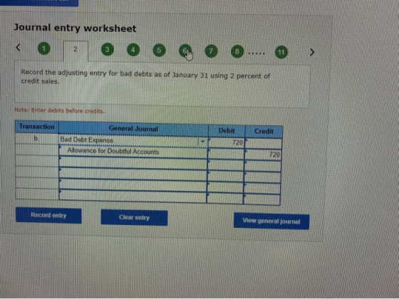 Journal entry worksheet < 0 2 0 0 0 0 0 ..... > Record the adjusting entry for bad debts as of January 31 using 2 percent of