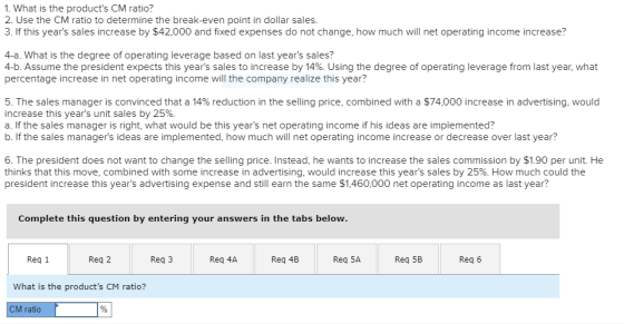 1. What is the products CM ratio? 2. Use the CM ratio to determine the break-even point in dollar sales. 3. If this years s