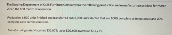 The Sanding Department of Quik Furniture Company has the following production and manufacturing cost data for March 2017, the