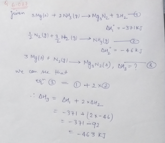 0.6.087 given 3Mg(s) + 2NH3 (8) Mg ₂ N₂ + 3H₂ Dni = ~371 kJ 12 N2 (8) + 3 H2 18) - NH₃(g) o DH = - 46 kJ 3 Mg(s) + N2 (8) - M