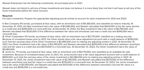 Stewart Enterprises has the following investments, all purchased prior to 2021: Stewart does not intend to sell any of these