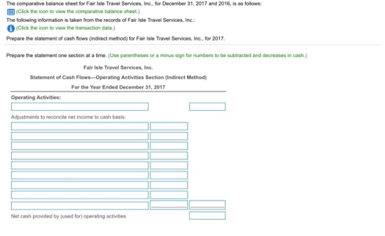 The comparative balance sheet for Fair Isle Travel Services, Inc., for December 31, 2017 and 2016, is as follows: (Click the
