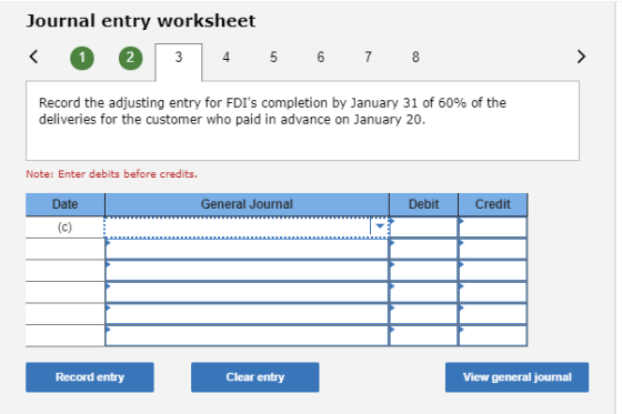 Journal entry worksheet < 2 3 4 5 6 7 8 Record the adjusting entry for FDIs completion by January 31 of 60% of the deliverie