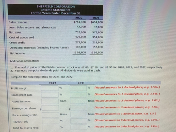 SHEFFIELD CORPORATION Income Statements For the Years Ended December 31 2022 Sales revenue $744,000 Less: Sales returns and a
